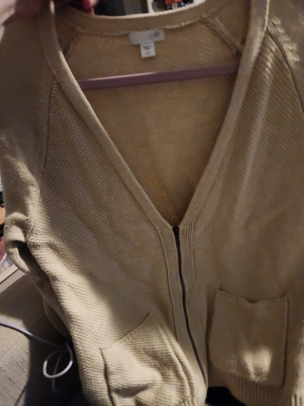 J.Jill Petite Small Beige Zip Cardigan Lagenlook Knit Sweater Patch Pockets